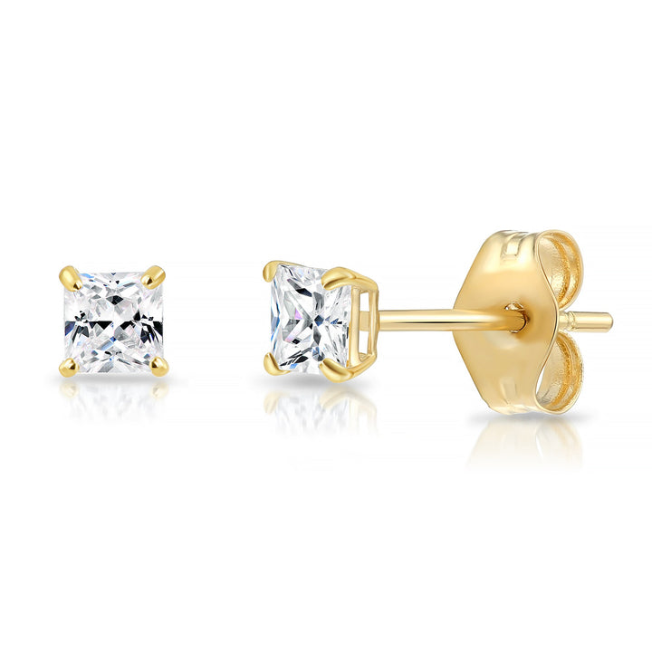 14k Yellow Gold Cubic Zirconia Square Princess-Cut Stud Earrings, Pushback