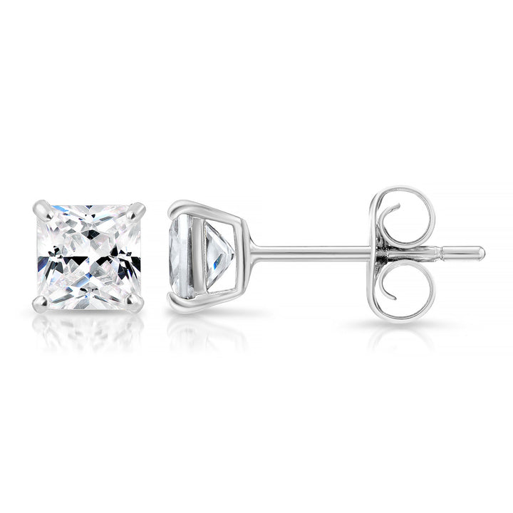 14k White Gold Cubic Zirconia Square Princess-Cut Stud Earrings, Pushback