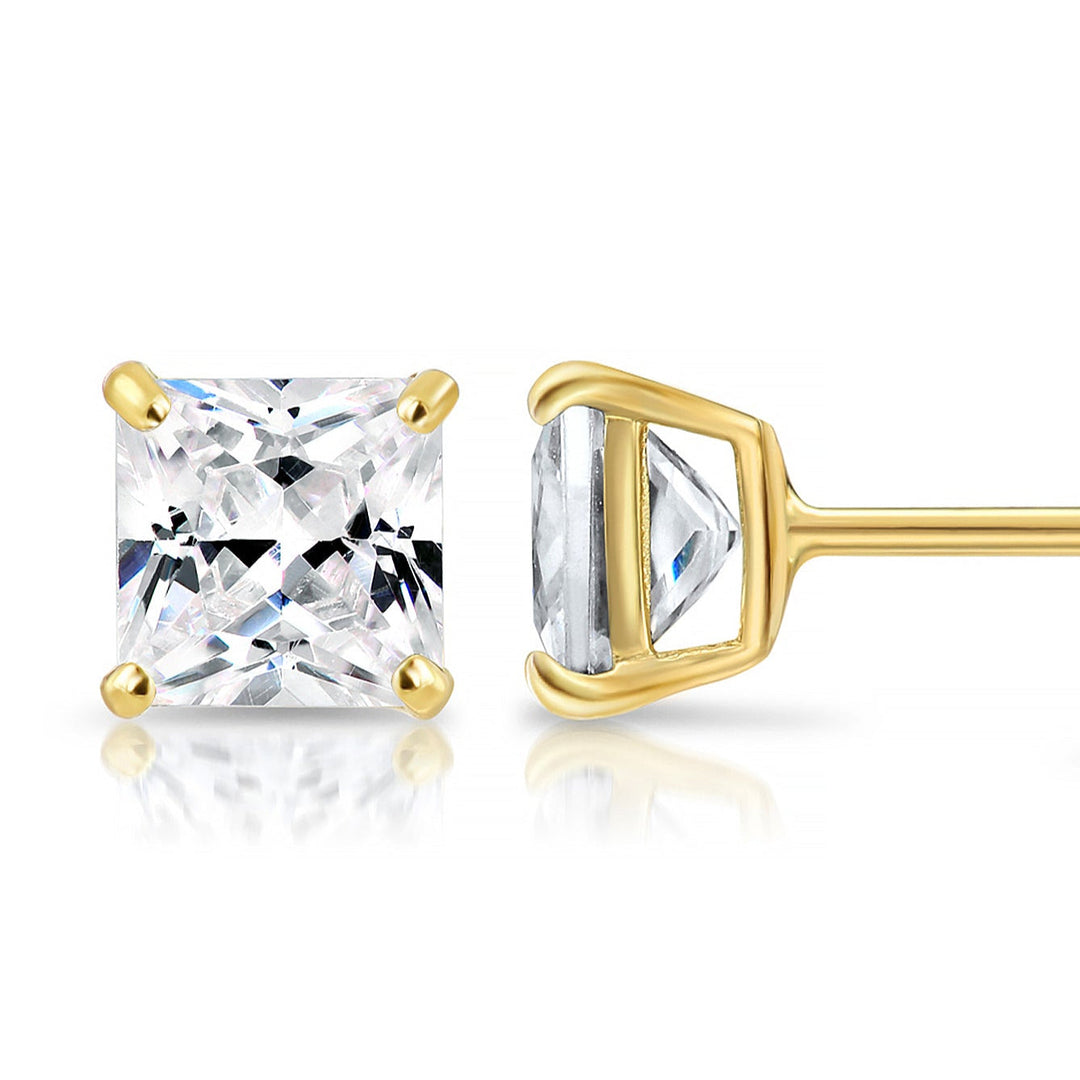 14K Yellow Gold Square Cubic Zirconia Stud Earrings - Silicon Backs