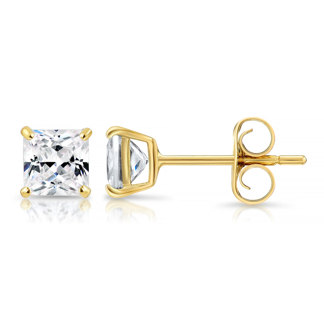 14k Yellow Gold Cubic Zirconia Square Princess-Cut Stud Earrings, Pushback