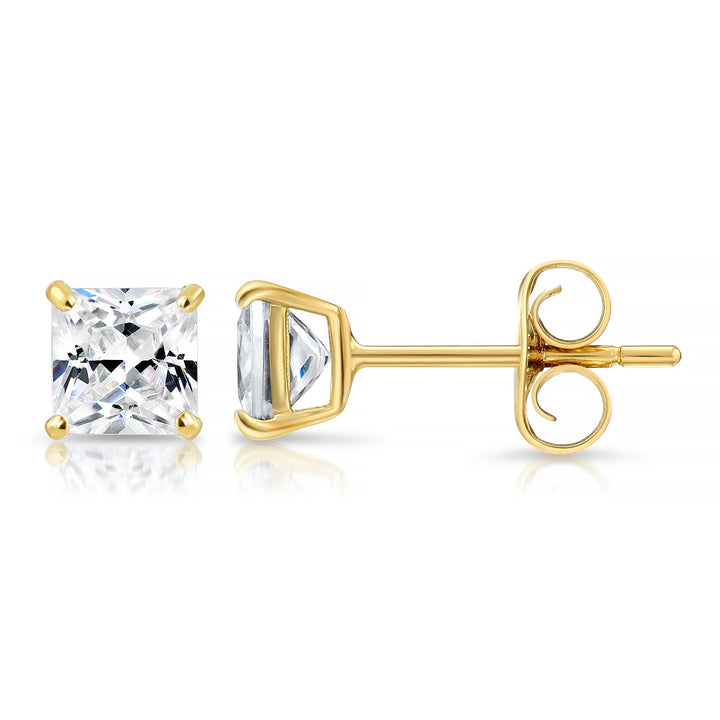 14k Yellow Gold Cubic Zirconia Square Princess-Cut Stud Earrings, Pushback