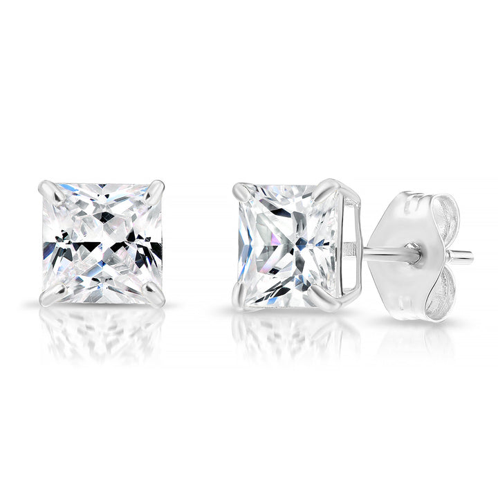 14k White Gold Cubic Zirconia Square Princess-Cut Stud Earrings, Pushback
