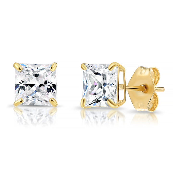 14k Yellow Gold Cubic Zirconia Square Princess-Cut Stud Earrings, Pushback