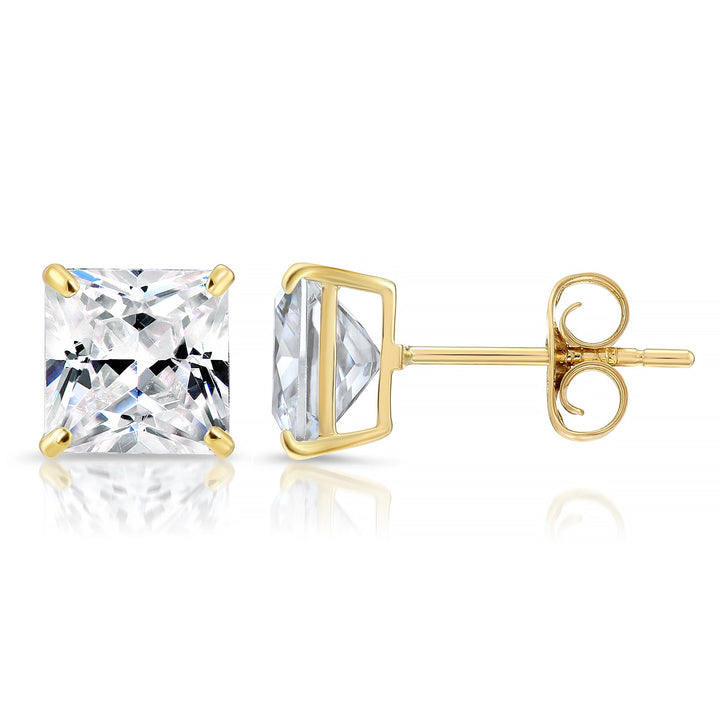 14k Yellow Gold Cubic Zirconia Square Princess-Cut Stud Earrings, Pushback