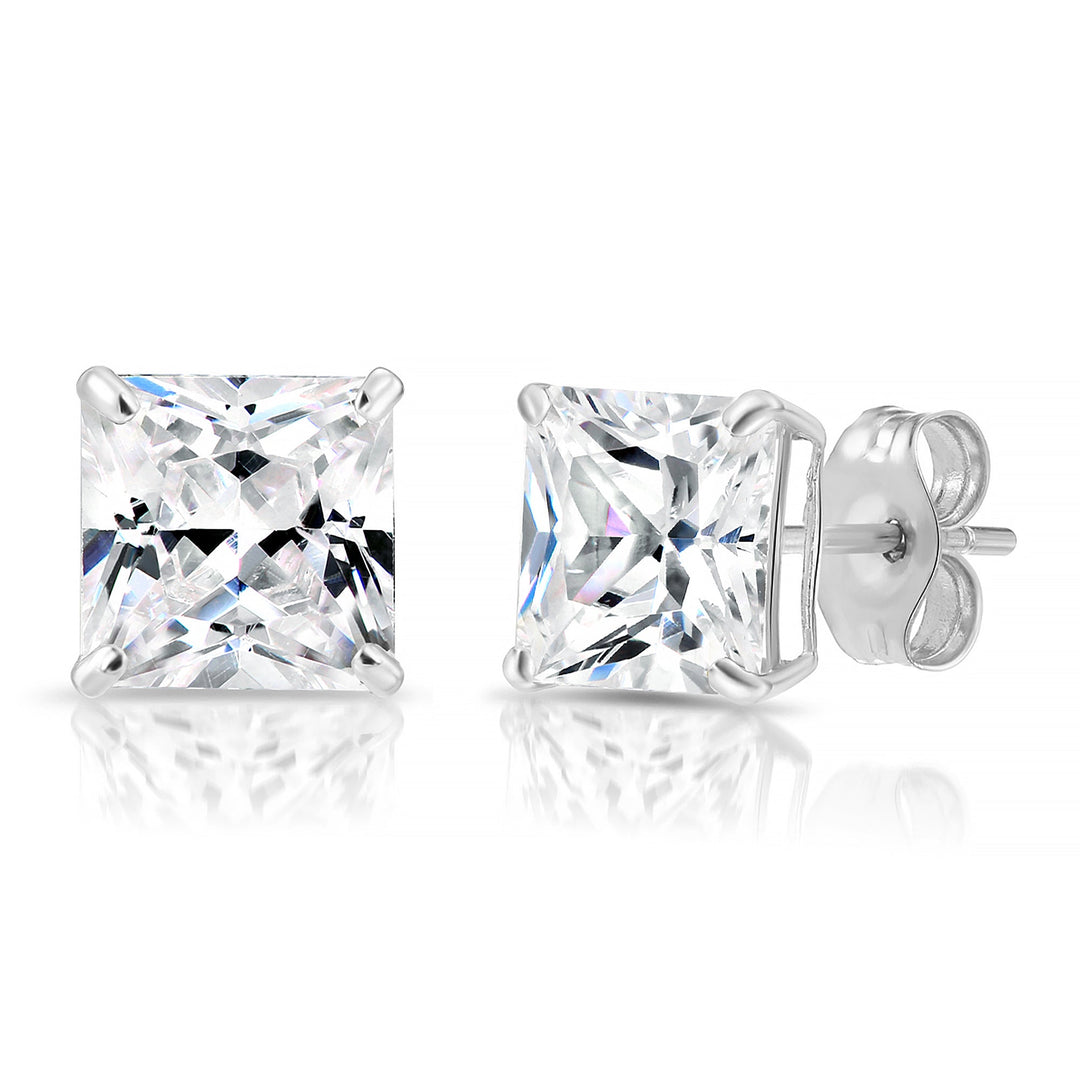 14k White Gold Cubic Zirconia Square Princess-Cut Stud Earrings, Pushback