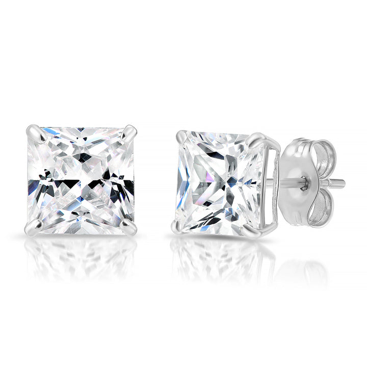 14k White Gold Cubic Zirconia Square Princess-Cut Stud Earrings, Pushback