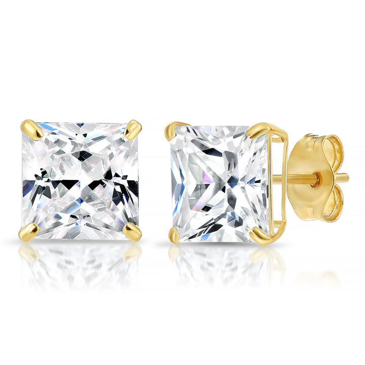 14k Yellow Gold Cubic Zirconia Square Princess-Cut Stud Earrings, Pushback