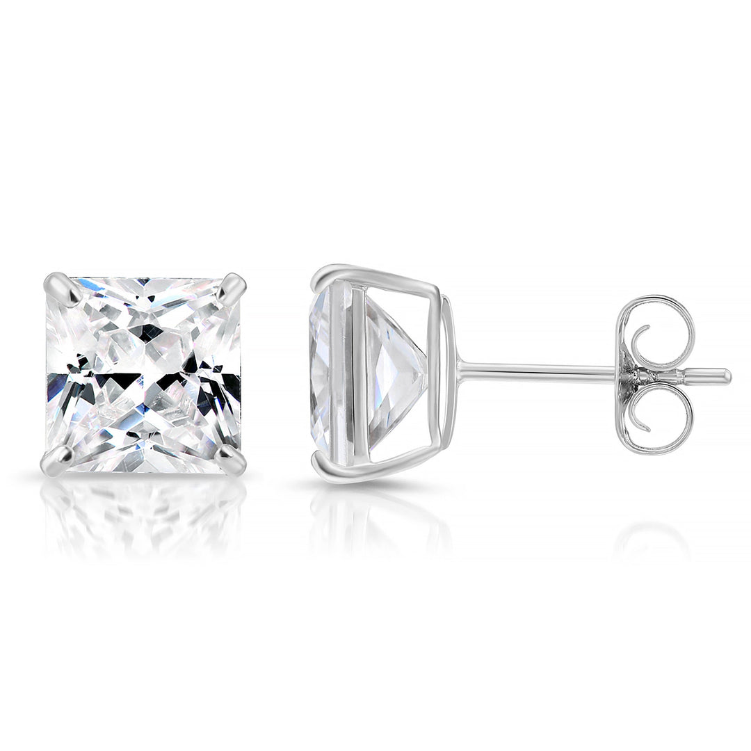14k White Gold Cubic Zirconia Square Princess-Cut Stud Earrings, Pushback