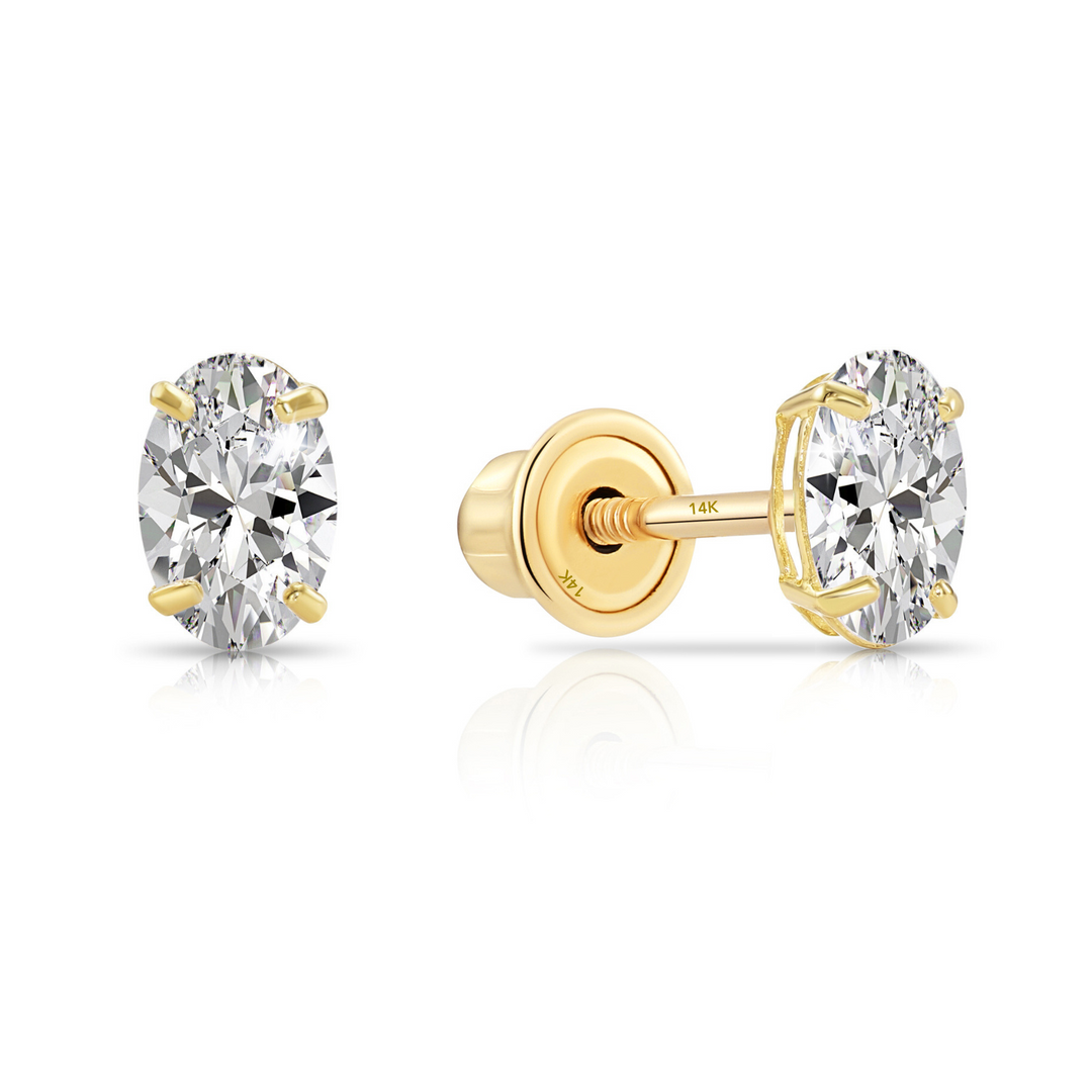 14k Yellow Gold Cubic Zirconia Oval Earrings, Screwback