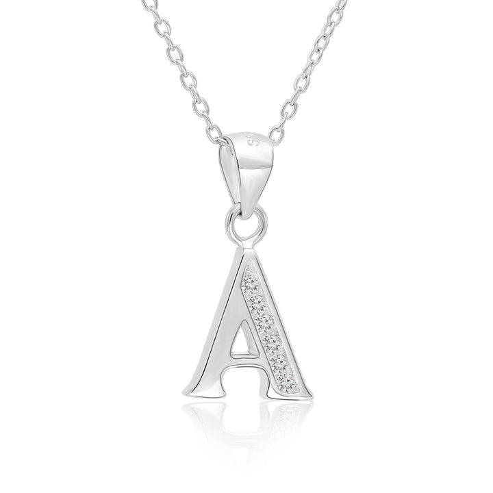Sterling Silver Alphabet Initial Cubic Zirconia Pendant Necklace - All Letters