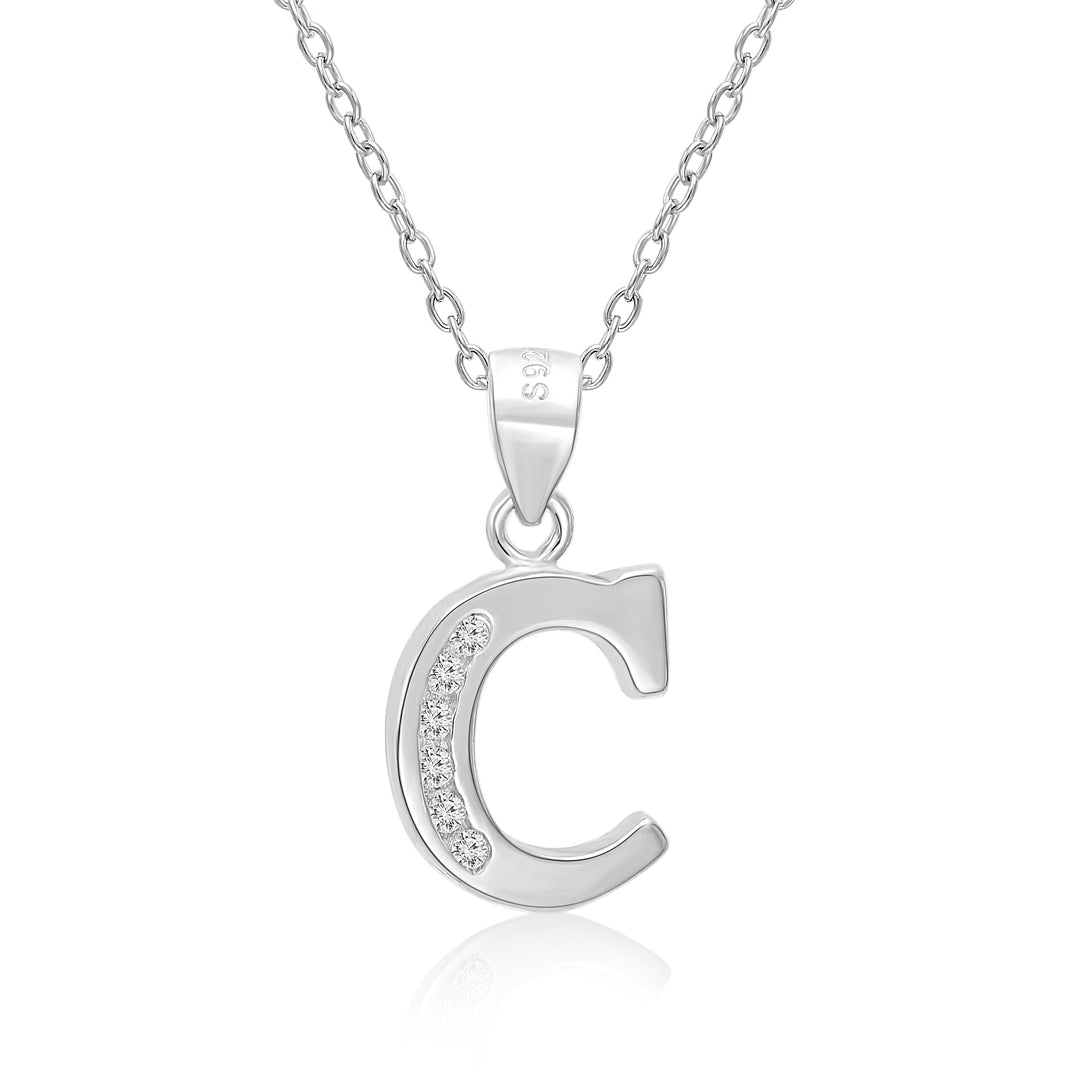 Sterling Silver Alphabet Initial Cubic Zirconia Pendant Necklace - All Letters