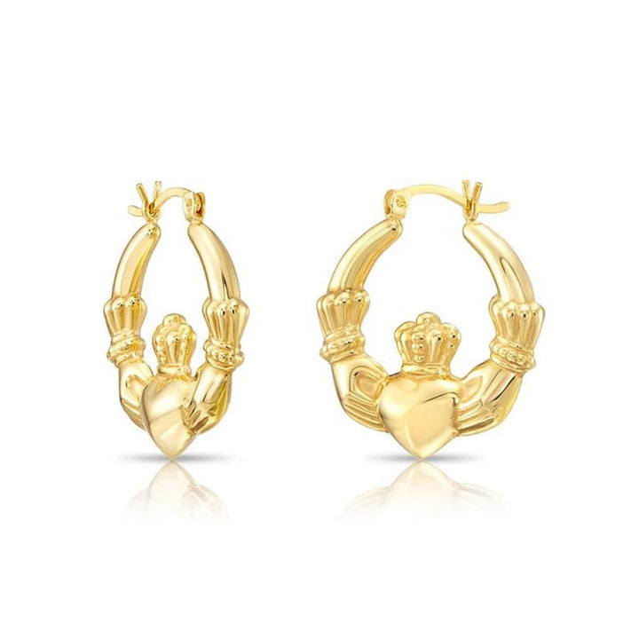 925 Sterling Silver Heart & Crown Claddagh Gold Tone Hoops