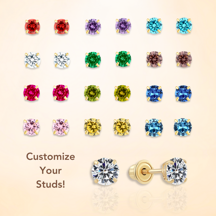 14k Solid Yellow Gold Round Birthstone Cubic Zirconia Stud Earrings - SCREWBACK - 3mm