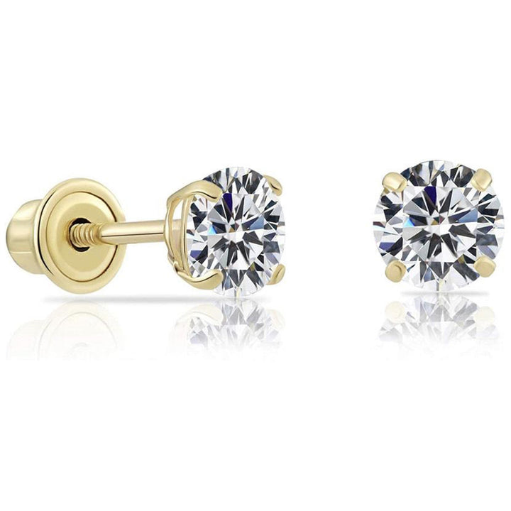 14k Yellow Gold Round Solitaire Cubic Zirconia Stud Earrings - Screwback