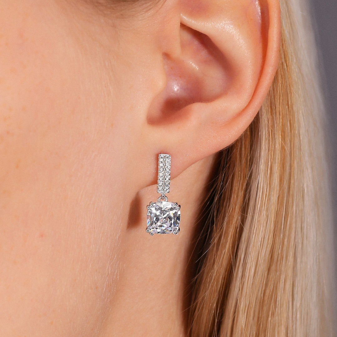 925 Sterling Silver Cushion Dangle Cubic Zirconia Stud Earrings