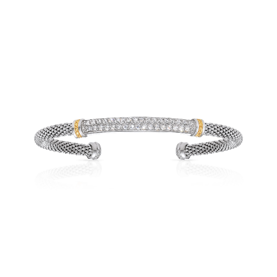 Sterling Silver Italian Cuff Bracelet with Cubic Zirconia and Gold Plating