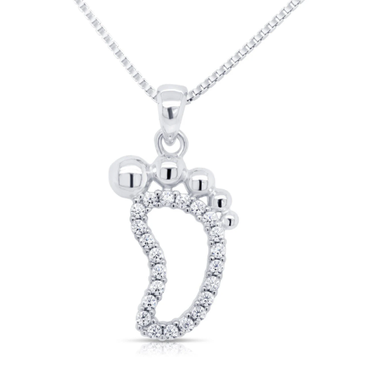 Sterling Silver Cute Baby Foot Cubic Zirconia Pendant Necklace