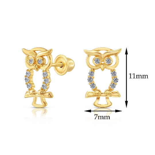 10k Yellow Gold Cubic Zirconia Owl Drop Stud Earrings