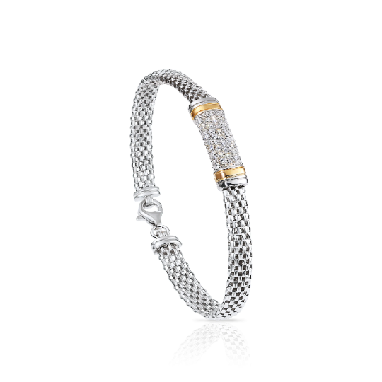 925 Sterling Silver Two Tone Italian Bar Bracelet with Lobster Lock