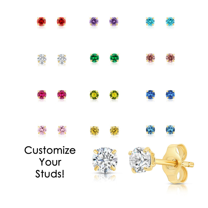14k Yellow Gold Round Birthstone Cubic Zirconia Stud Earrings - PUSHBACK - 5MM