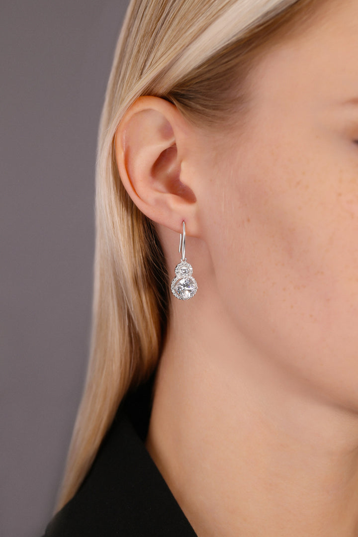 925 Sterling Silver Stacked Halo Cushion Cubic Zirconia Dangle Earrings