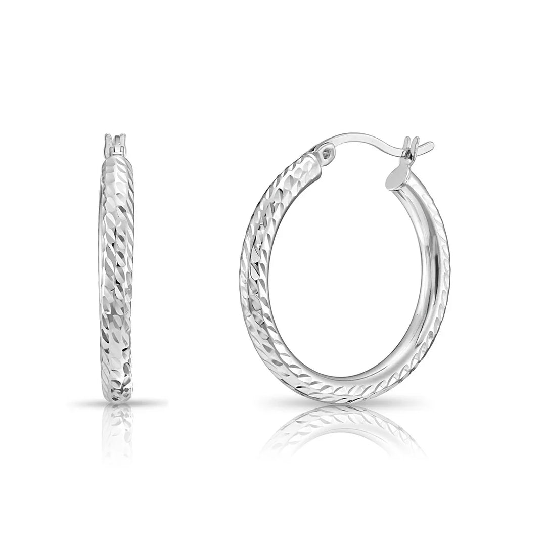 925 Sterling Silver Diamond Cut Double Notch Pattern Hoop Earrings