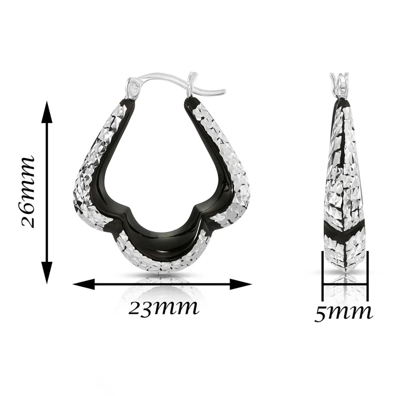 Fancy Glossy Black Sterling Silver Three-Point Hoop Earrings