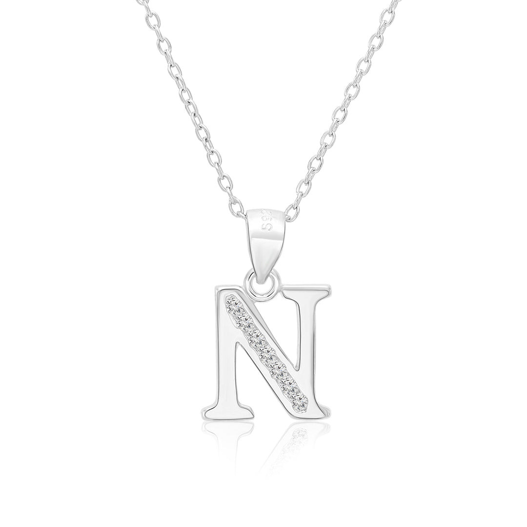 Sterling Silver Alphabet Initial Cubic Zirconia Pendant Necklace - All Letters