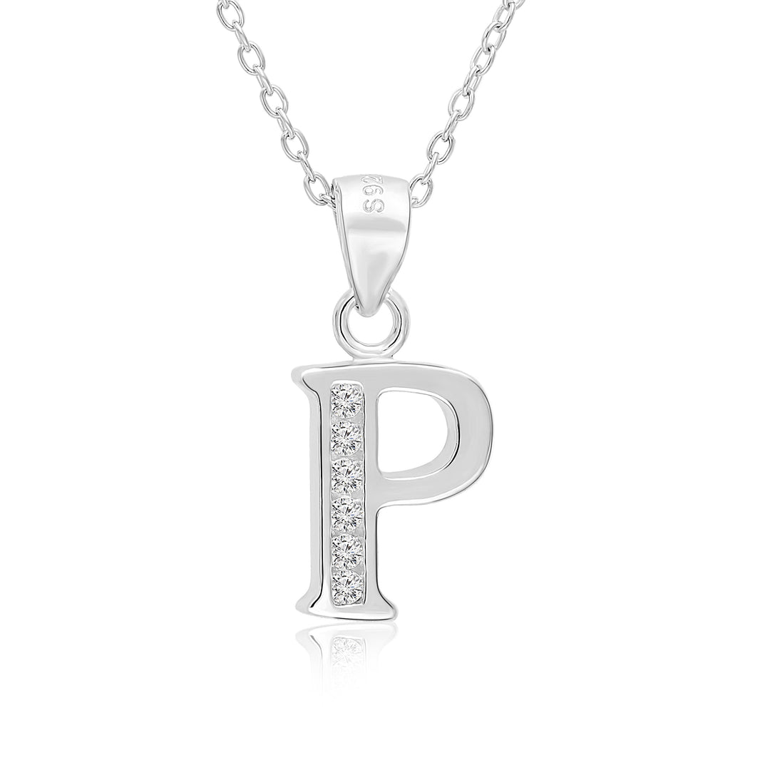 Sterling Silver Alphabet Initial Cubic Zirconia Pendant Necklace - All Letters