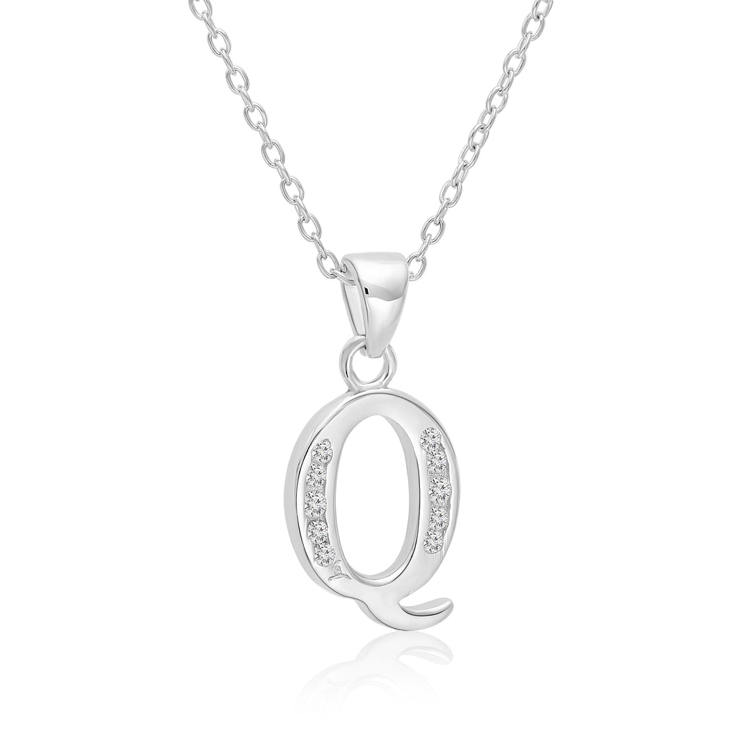 Sterling Silver Alphabet Initial Cubic Zirconia Pendant Necklace - All Letters