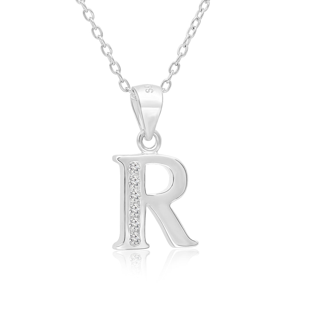 Sterling Silver Alphabet Initial Cubic Zirconia Pendant Necklace - All Letters