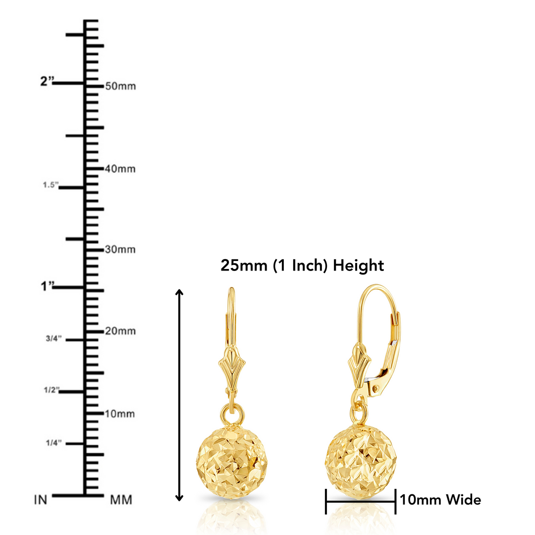14K Solid Yellow Gold Fancy Diamond-Cut Dangle Ball Lever-back Earrings