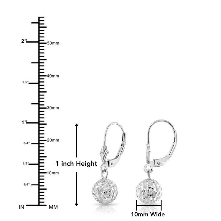 14K Solid White Gold Fancy Diamond-Cut Dangle Ball Lever-back Earrings