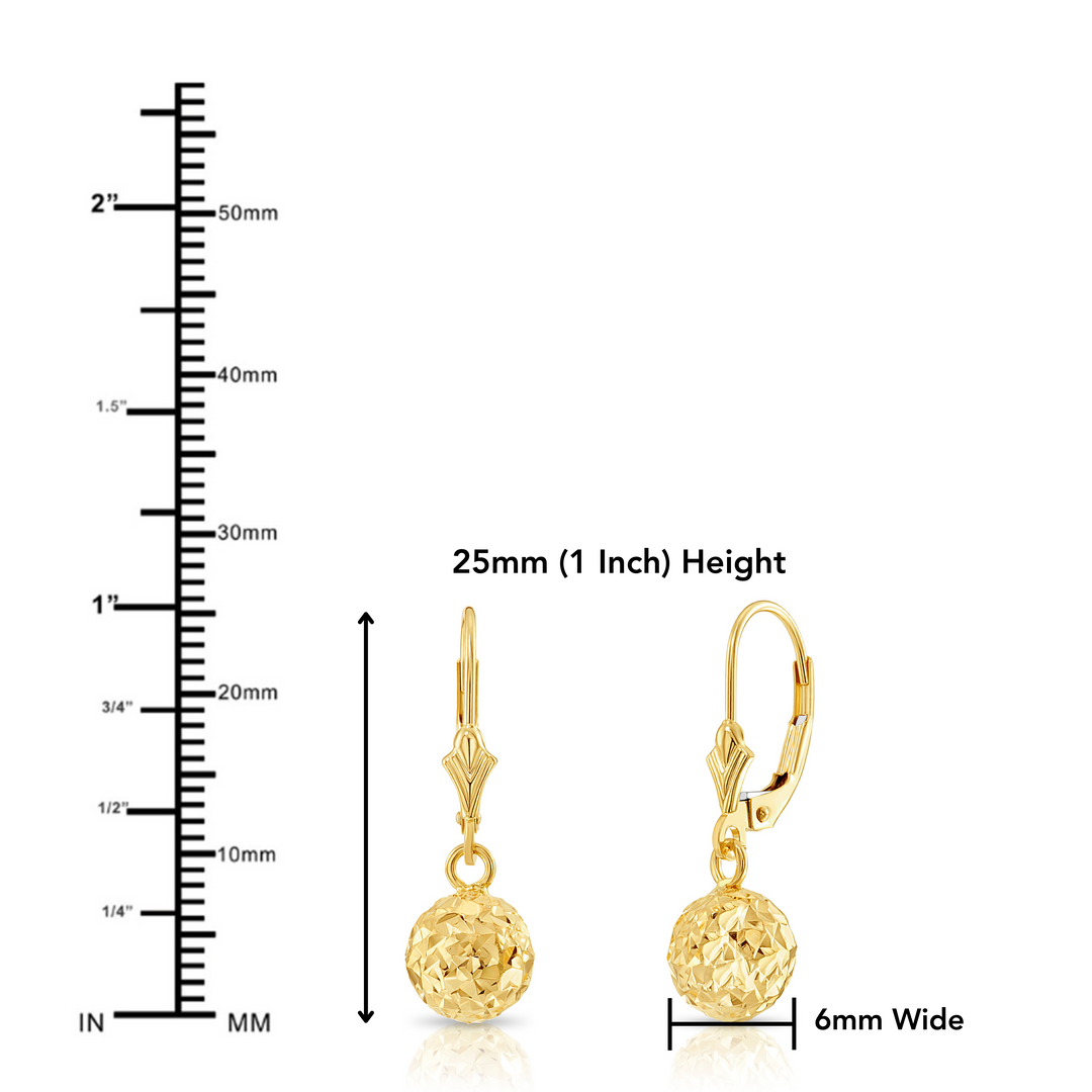 10K Solid Yellow Gold Fancy Diamond-Cut Dangle Ball Lever-back Earrings