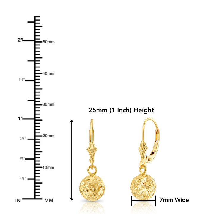 14K Solid Yellow Gold Fancy Diamond-Cut Dangle Ball Lever-back Earrings