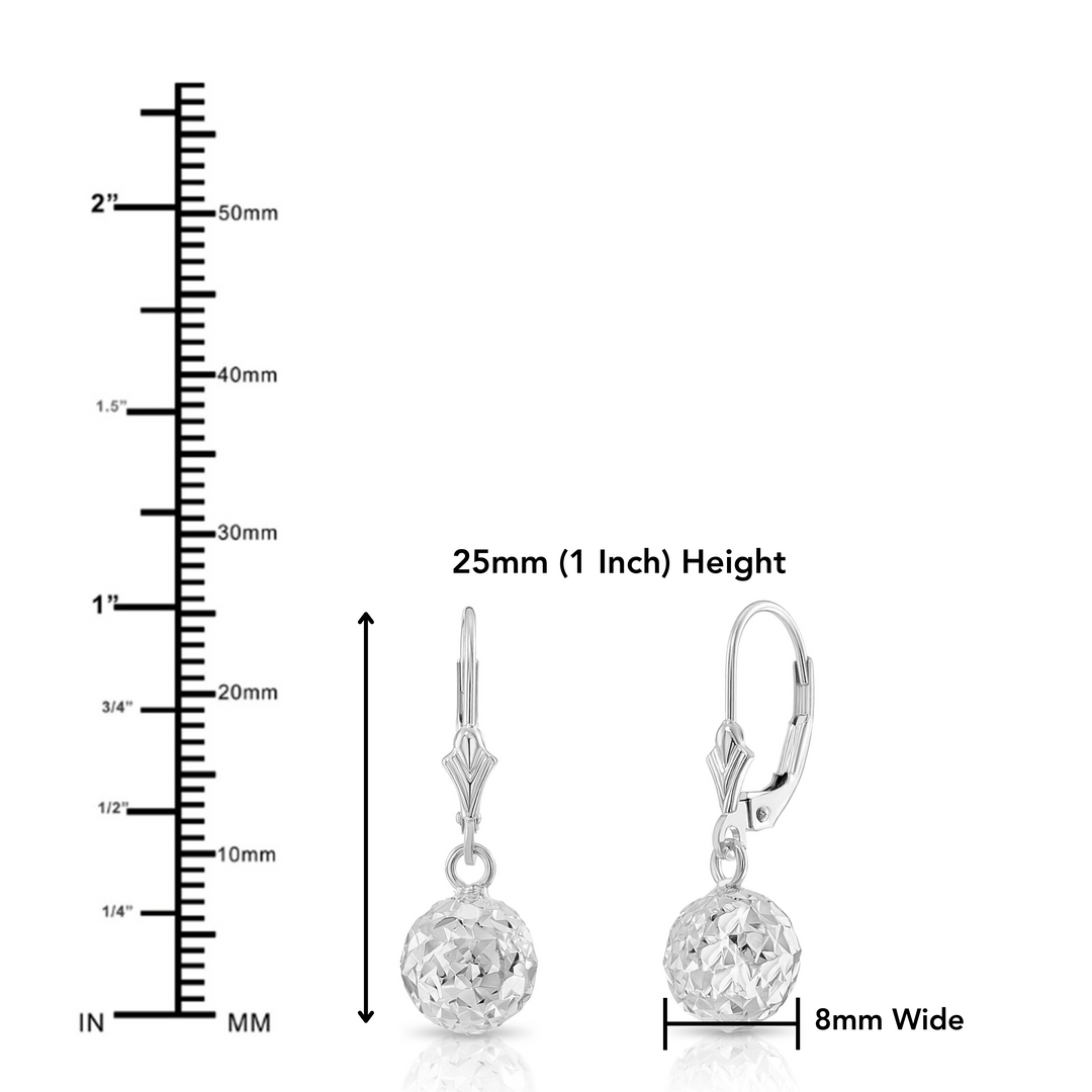 10K Solid White Gold Fancy Diamond-Cut Dangle Ball Lever-back Earrings