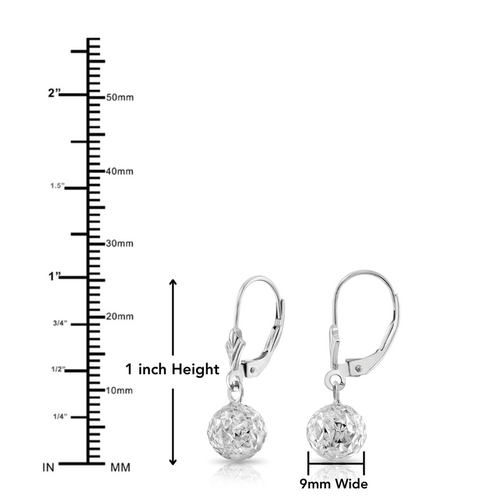 10K Solid White Gold Fancy Diamond-Cut Dangle Ball Lever-back Earrings