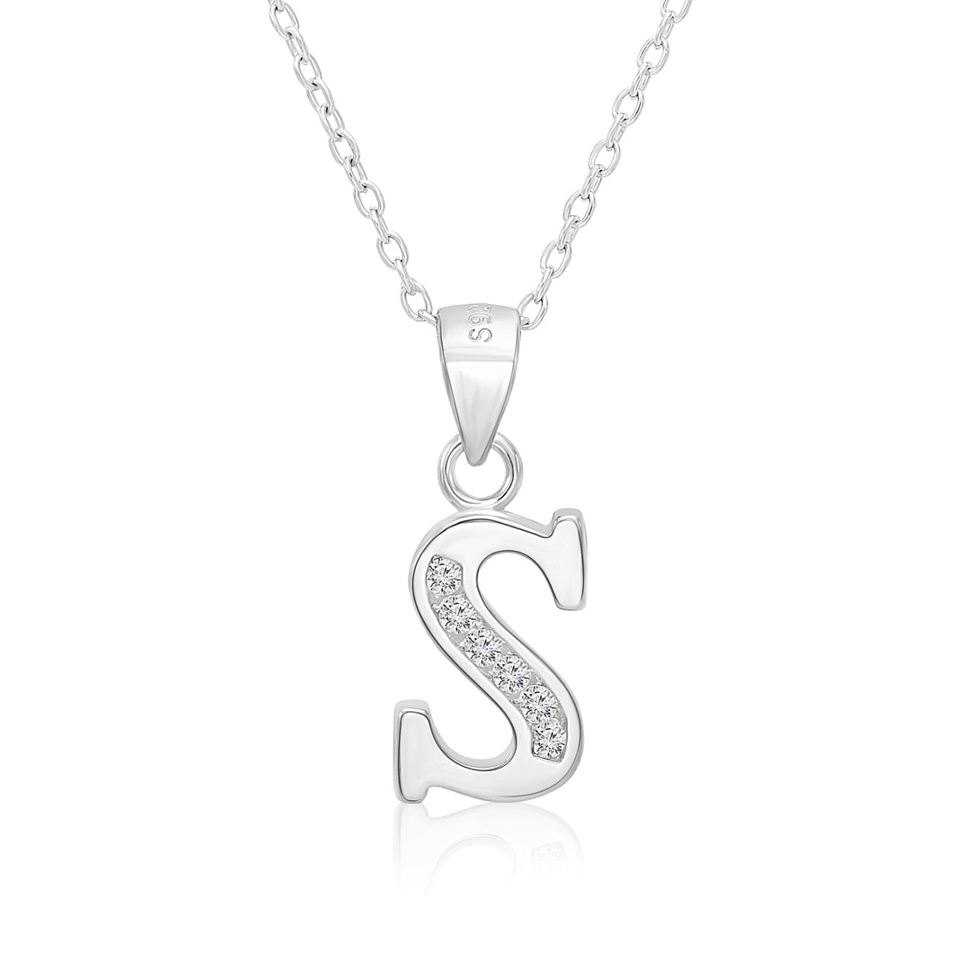 Sterling Silver Alphabet Initial Cubic Zirconia Pendant Necklace - All Letters