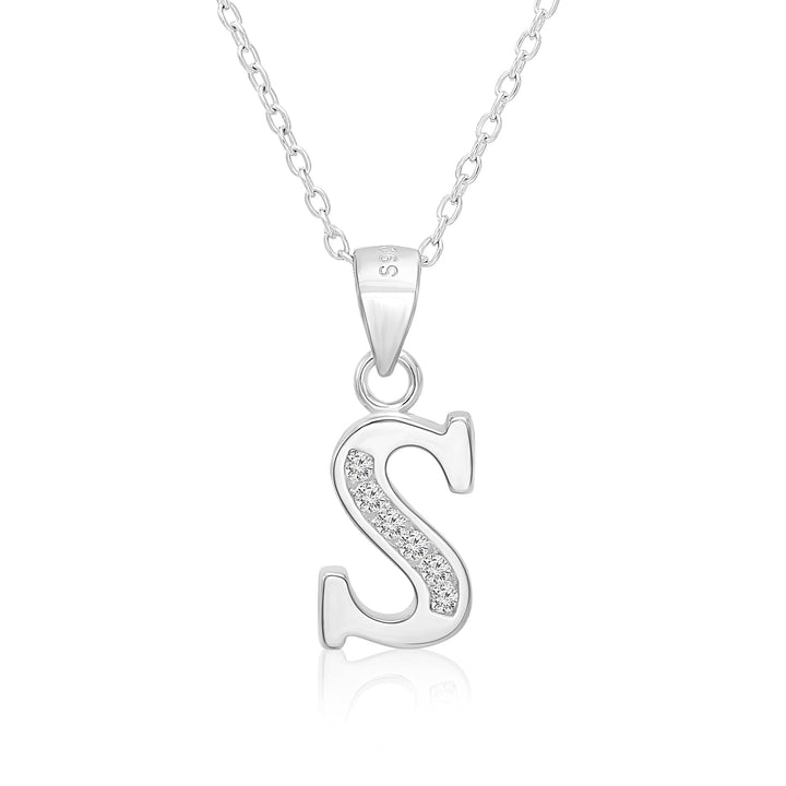 Sterling Silver Alphabet Initial Cubic Zirconia Pendant Necklace - All Letters