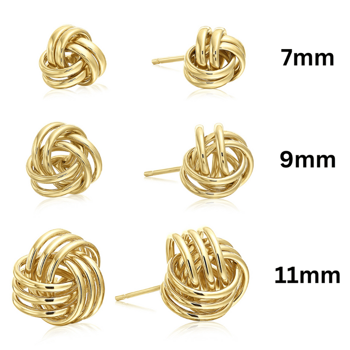14k Yellow Gold Polished Love Knot Stud Earrings - Pushback 7mm 9mm 11mm