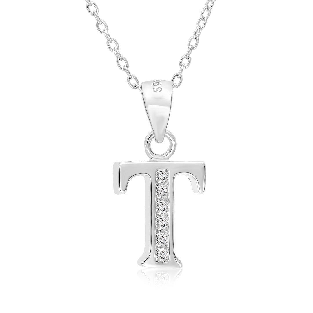 Sterling Silver Alphabet Initial Cubic Zirconia Pendant Necklace - All Letters