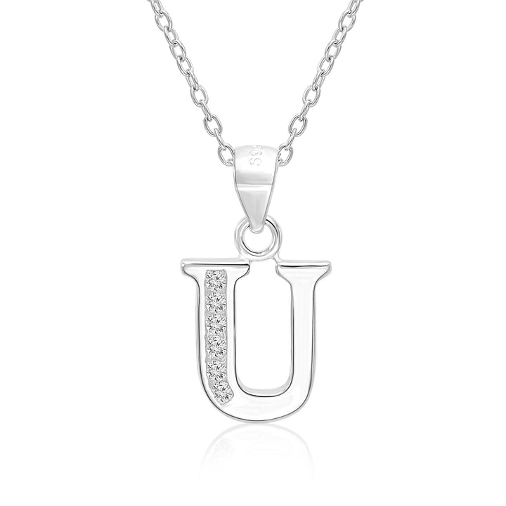 Sterling Silver Alphabet Initial Cubic Zirconia Pendant Necklace - All Letters