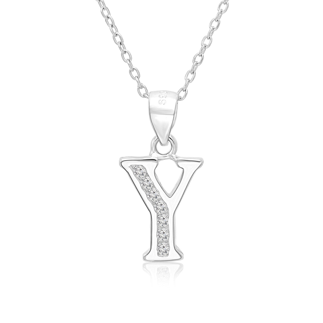 Sterling Silver Alphabet Initial Cubic Zirconia Pendant Necklace - All Letters